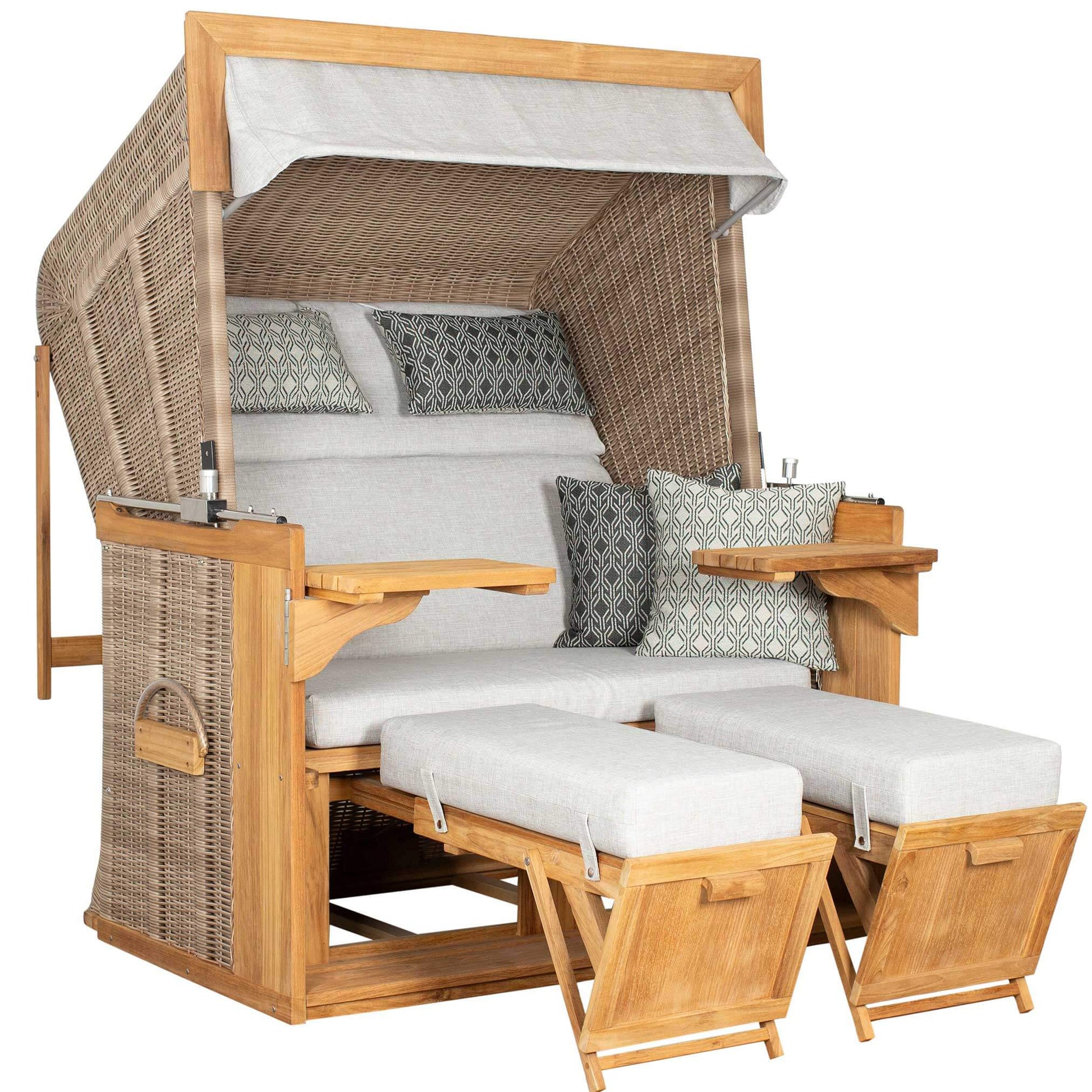 Strandkorb deVries PURE Friesland Sylt Teak PE white kubu Dessin 507 in XL und XXL mit Fußstützen und Klapptischen
