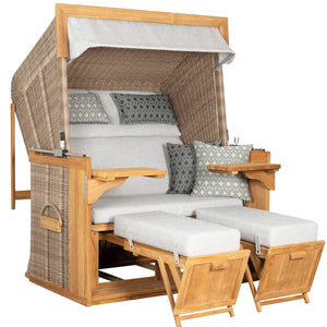 Strandkorb deVries PURE Friesland Sylt Teak PE white kubu Dessin 507 in XL und XXL mit Fußstützen und Klapptischen