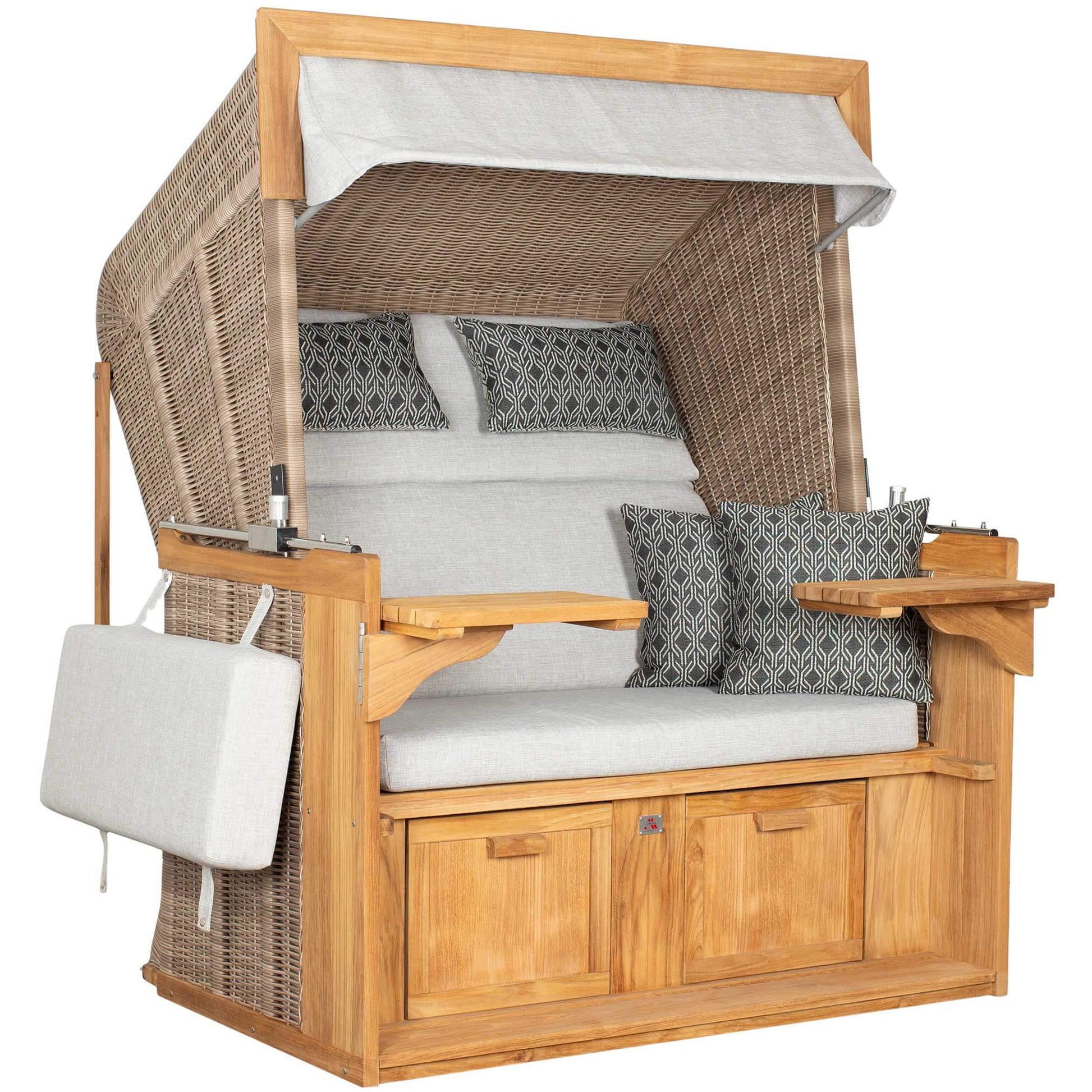 Strandkorb deVries PURE Friesland Sylt Teak PE white kubu Dessin 507 in XL oder XXL mit hellgrauen Polstern und Ablagen