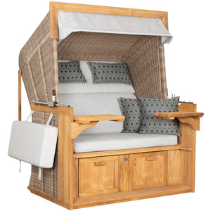 Strandkorb deVries PURE Friesland Sylt Teak PE white kubu Dessin 507 in XL oder XXL mit hellgrauen Polstern und Ablagen