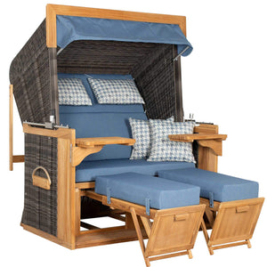 Strandkorb deVries PURE Friesland Sylt Teak PE stone grey Dessin 509 in XL XXL mit blauen Polstern und Fußstützen freigestellt