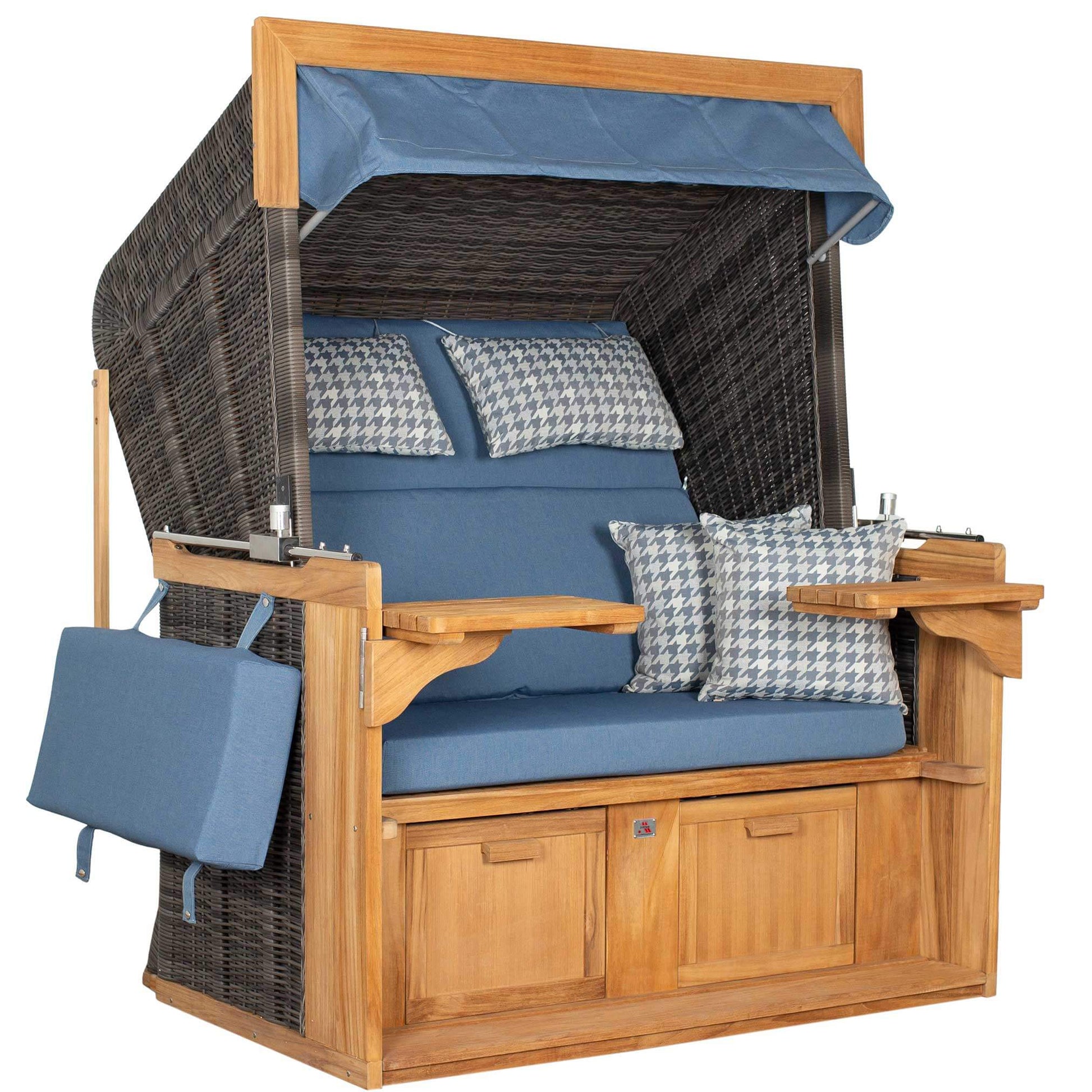 Strandkorb deVries PURE Friesland Sylt Teak PE stone grey Dessin 509 in Blau, XL/XXL Strandkorb mit Kissen und Fußstützen