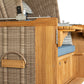 Strandkorb deVries PURE Friesland Sylt Teak PE white kubu Detailansicht mit Teakholz-Korpus und blau gepolsterter Sitzfläche