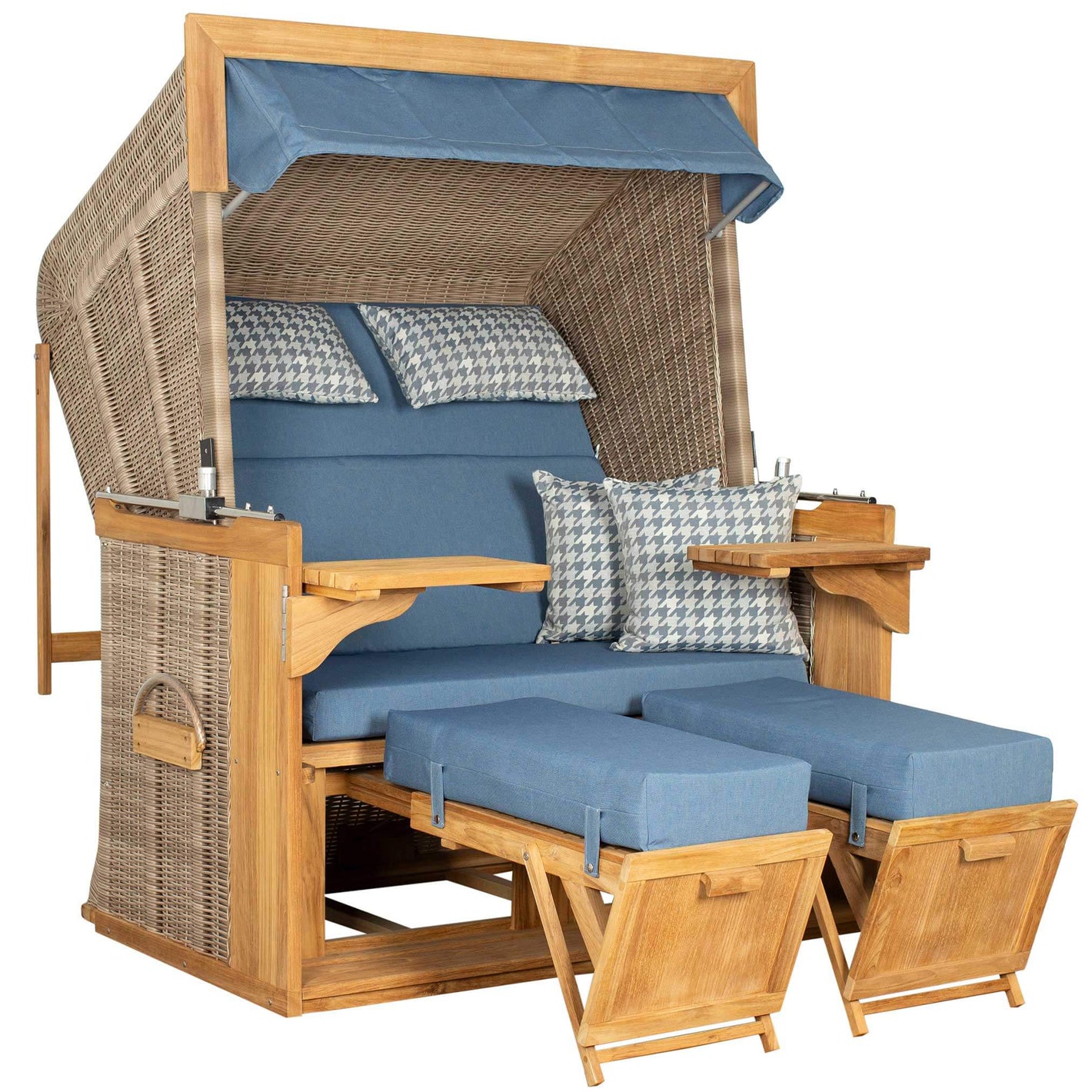 Strandkorb deVries PURE Friesland Sylt Teak PE white kubu Dessin 509 in Blau, XL XXL Luxus Strandkorb mit Holzgestell
