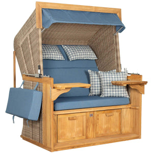 Strandkorb deVries PURE Friesland Sylt Teak PE white kubu Dessin 509 in Blau, XL XXL Luxus-Strandkorb aus Teakholz mit Polstern