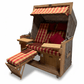 Strandkorb deVries PURE Friesland Sylt aus Teak mit PE white kubu Geflecht und rot kariertem Dessin, XL Komfortstrandkorb