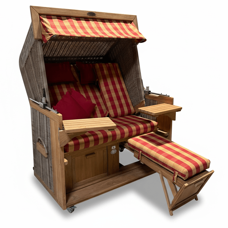 Strandkorb deVries PURE Friesland Sylt aus Teak mit PE white kubu Geflecht und rot kariertem Dessin, XL Komfortstrandkorb