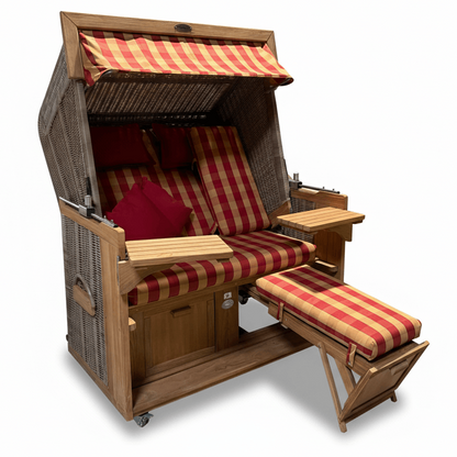 Strandkorb deVries PURE Friesland Sylt aus Teak mit PE white kubu Geflecht und rot kariertem Dessin, XL Komfortstrandkorb