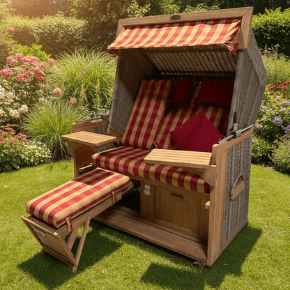 Strandkorb deVries PURE Friesland Sylt Teak PE white kubu mit rot kariertem Dessin und Fußstützen im blühenden Garten