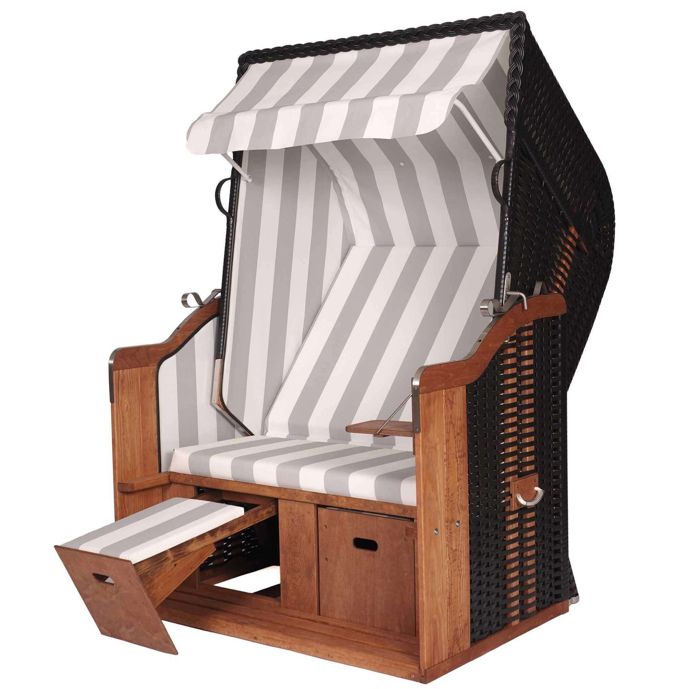 Strandkorb Föhr Geflecht anthrazit PVC Stoff grau weiss, 2-Sitzer Halblieger für den Strand.