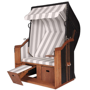 Strandkorb Föhr Geflecht anthrazit PVC Stoff grau weiss, 2-Sitzer Halblieger für den Strand.