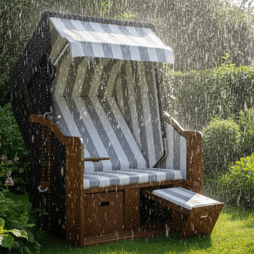 Strandkorb Föhr mit anthrazit Geflecht unter Regen, grau-weiss gestreift, 2-Sitzer Halblieger für Garten.