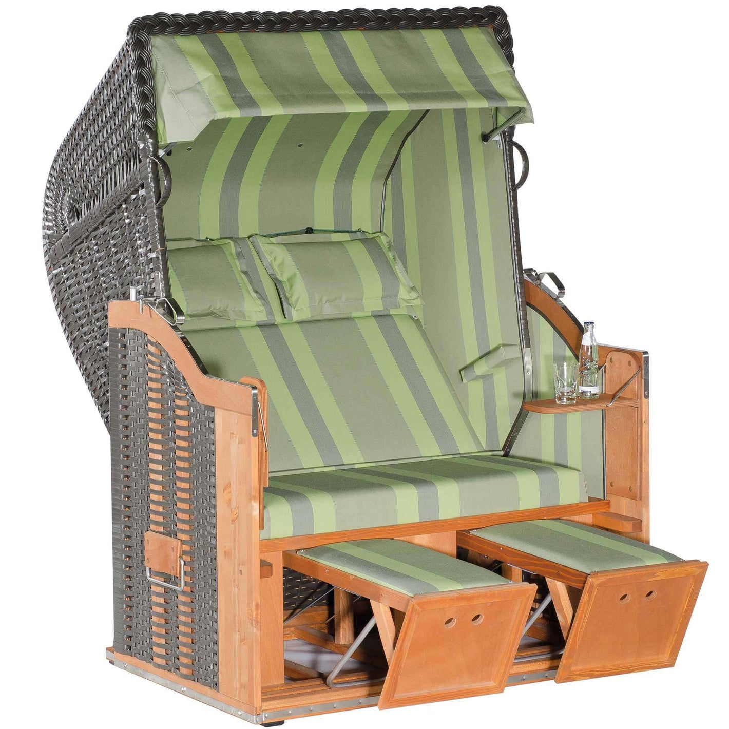 Strandkorb Sonnenpartner Classic 8005 in anthrazit mit grün gestreiftem Dessin 119, Holz lasiert, mit Fußstützen und Komfortkopfkissen