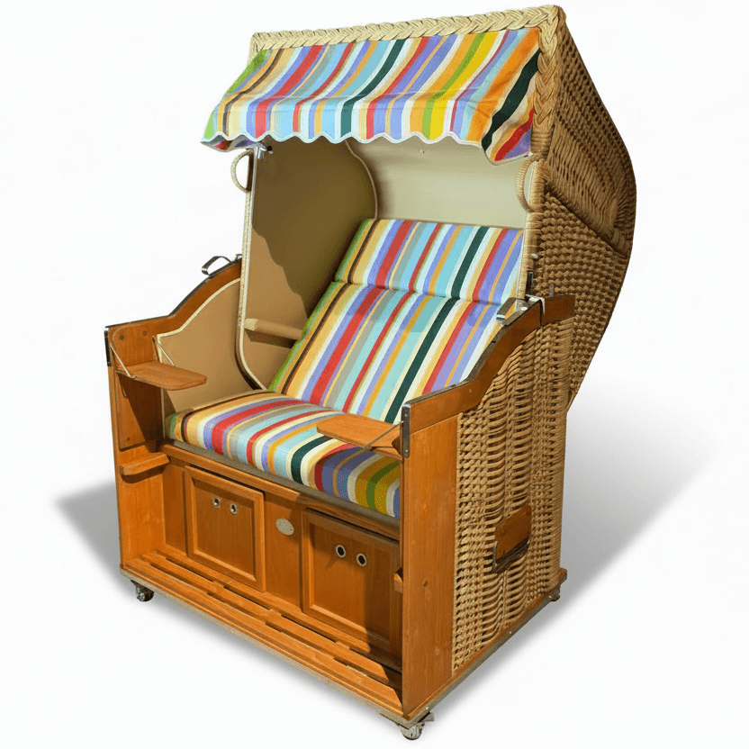 Strandkorb Sonnenpartner Modell Classic PE Naturoptik mit bunt gestreiftem Dessin für zwei Personen auf Rollen