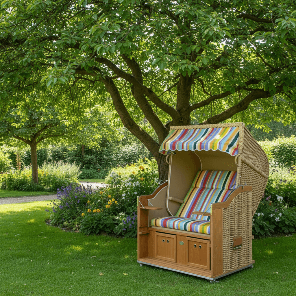 Strandkorb Sonnenpartner Classic PE Naturoptik mit buntem Dessin 13 sand 701 im Garten unter Bäumen auf Rasenfläche