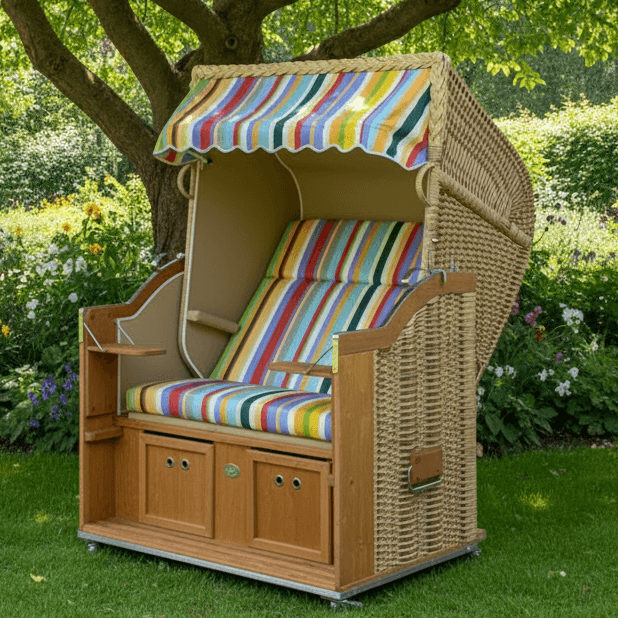 Strandkorb Sonnenpartner Classic PE Naturoptik mit buntem Streifendessin 13 sand 701 im Garten unter Baum auf Rasenfläche