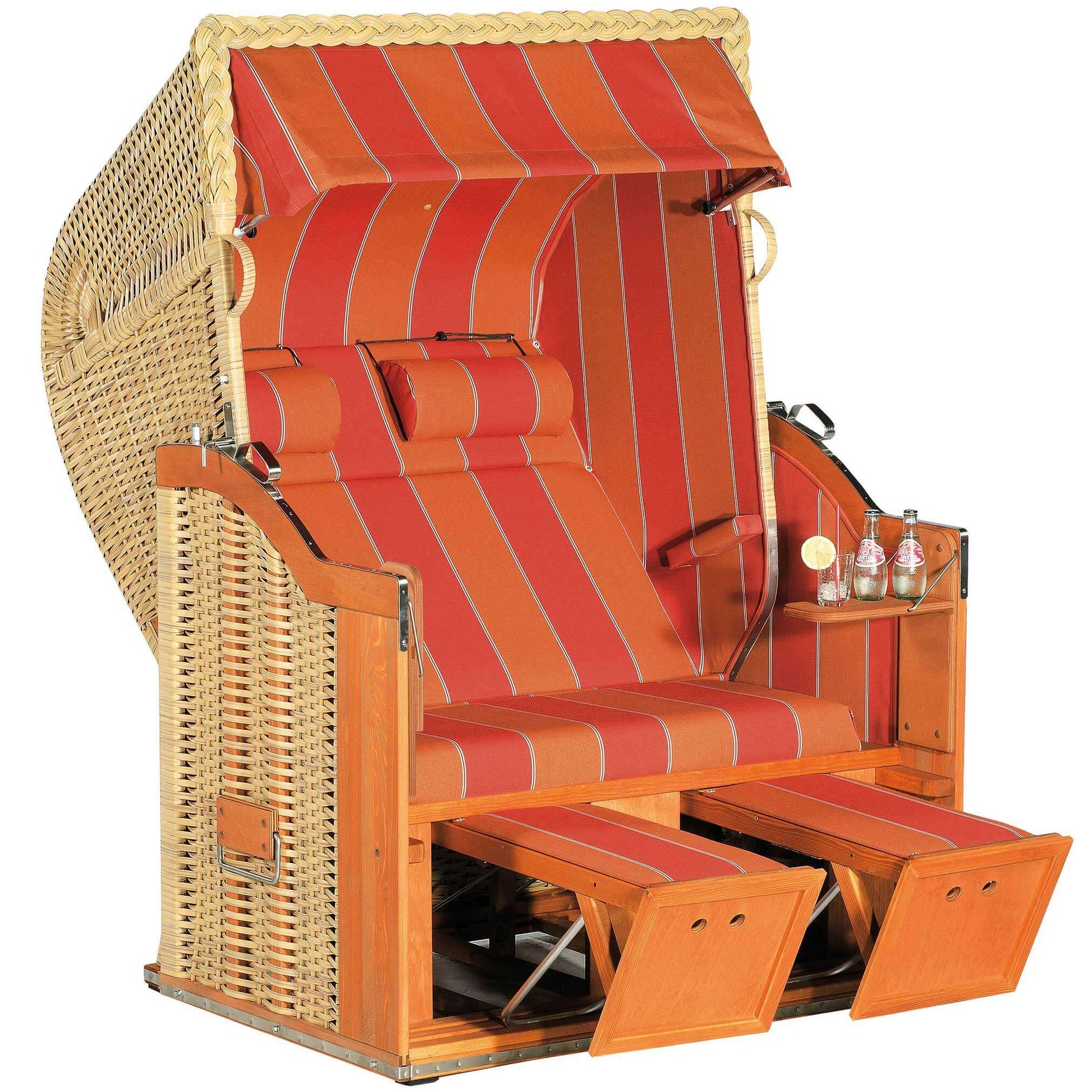 Strandkorb Sonnenpartner Modell Classic PE Geflecht Naturoptik in Orange mit Nackenrollen und Holzlasur, für 2 Personen.