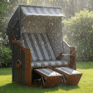Strandkorb Profi Ostsee Poel aus Mahagoniholz, mit PVC anthrazit, wetterfest und stilvoll im Garten.