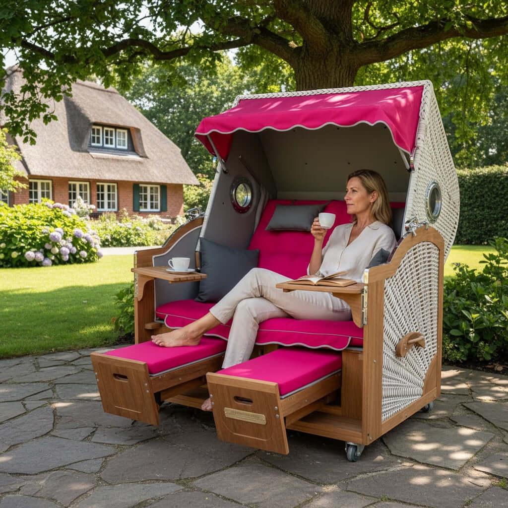 Strandkorb Prieß - Fachhandel Modell Meister aus Iroko-Holz mit pinkem Polster und weißem PE-Geflecht im Garten
