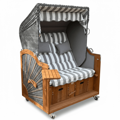 A106 Strandkorb Prieß Modell Meister Holz Iroko Holz, PE Geflecht dunkelgrau, wie abgebildet, 135 cm