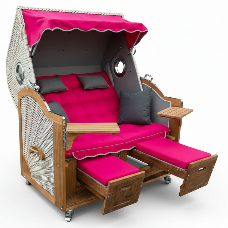 Strandkorb Prieß Modell Meister aus Iroko Holz mit taupe PE-Geflecht, pinken Polstern und verstellbaren Fußstützen