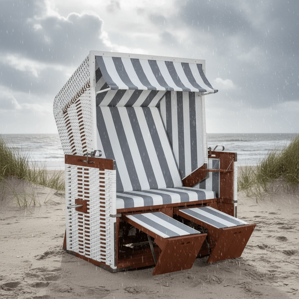 Strandkorb deVries Profi Nordsee Sylt PVC weiß Dessin 989 grau-weiß, 2-Sitzer Halblieger aus Mahagoniholz am Strand im Regen