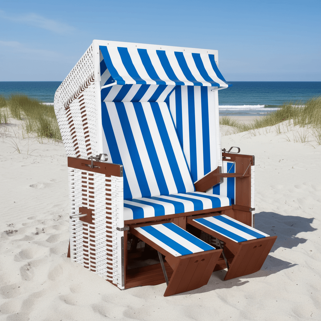 Strandkorb devries Profi Nordsee Sylt PVC white Des. 991 zweisitzig in blau-weiss auf Sandstrand vor der Nordsee