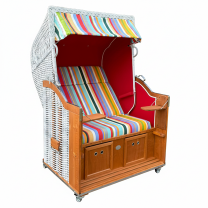 Strandkorb Sonnenpartner Modell Classic white washed, Holz lasiert, Dessin bunt 13 rot weiss 712