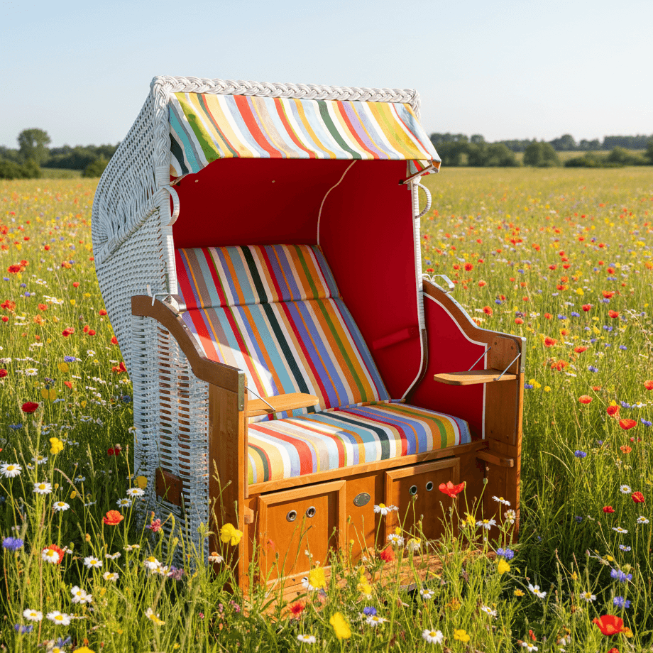 Strandkorb Sonnenpartner Modell Classic white washed mit bunten Streifen in einer blühenden Wiese.