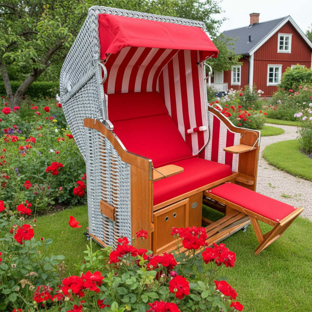 Strandkorb Sonnenpartner Classic rot weiß im Garten, umgeben von roten Blumen, ideal zum Entspannen im Freien.