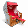 Strandkorb Sonnenpartner Classic rot weiss Dessin 712 mit Markise, Fußstütze und Seitentischen für komfortables Sitzen im Garten