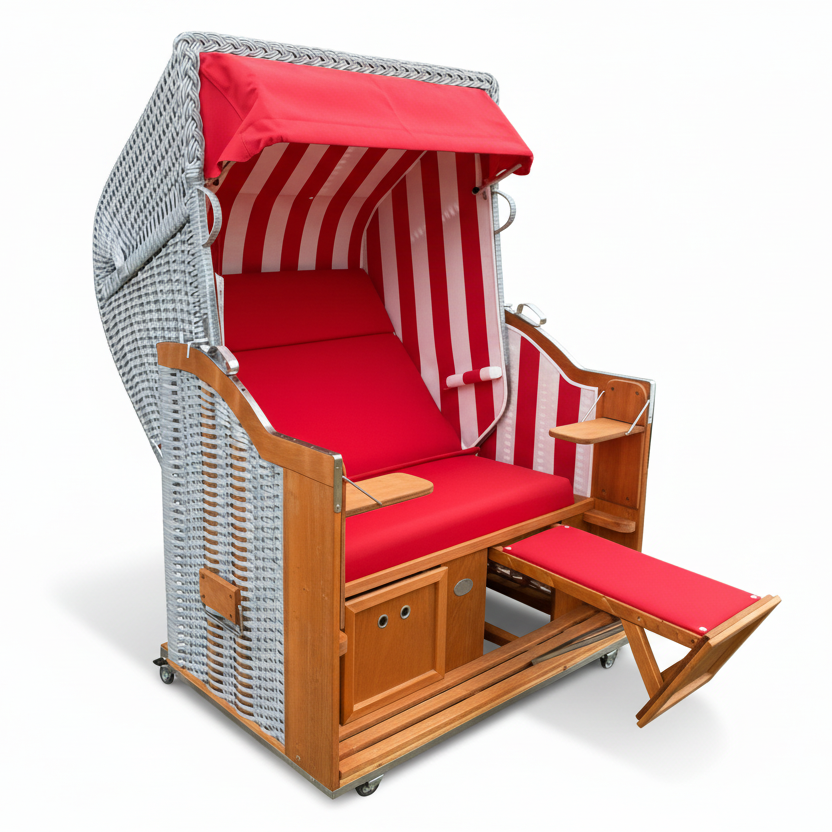 Strandkorb Sonnenpartner Classic rot weiss Dessin 712 mit Markise, Fußstütze und Seitentischen für komfortables Sitzen im Garten