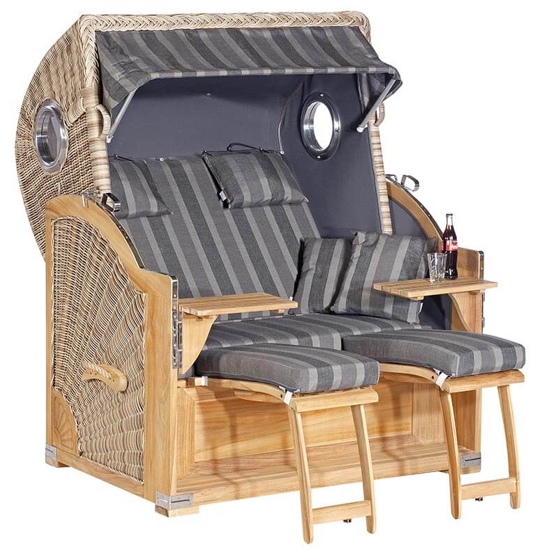Strandkorb SunnySmart Rustikal 500 PLUS Comfort, mit Bullaugen, Teakholz, PE-Geflecht antik weiss, Dessin 1232