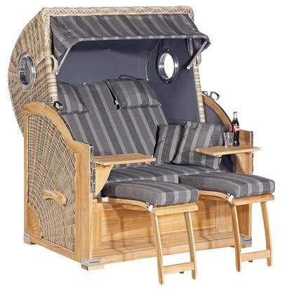 Strandkorb SunnySmart Rustikal 500 PLUS Comfort, mit Bullaugen, Teakholz, PE-Geflecht antik weiss, Dessin 1232
