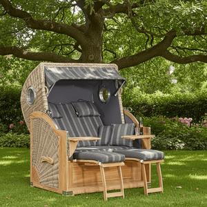 Strandkorb SunnySmart Rustikal 500 PLUS Comfort, mit Bullaugen, Teakholz, PE-Geflecht antik weiss, Dessin 1232