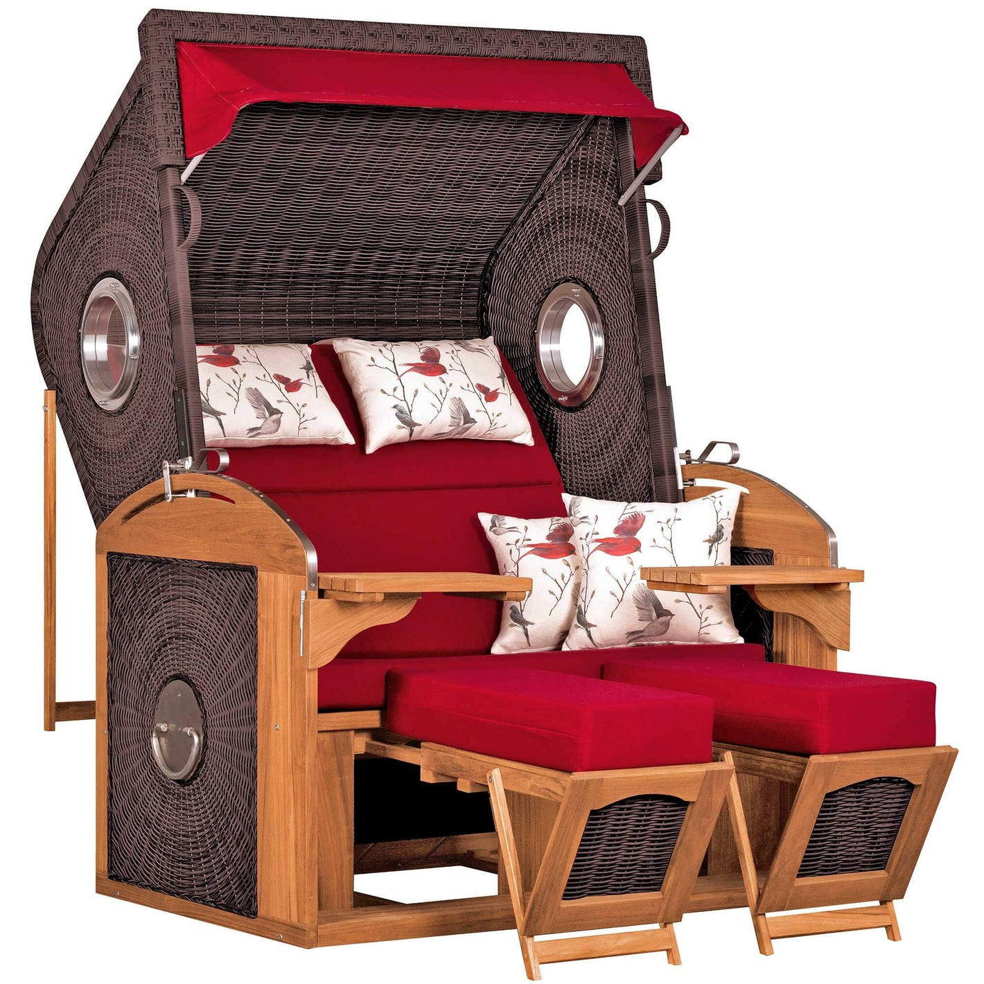 Strandkorb deVries Sailor PURE Teak XL PE stone-grey Dessin 107 mit Bullaugen und roten Polstern, luxuriöser XXL Strandkorb