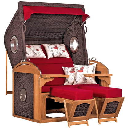Strandkorb deVries Sailor PURE Teak XL PE stone-grey Dessin 107 mit Bullaugen und roten Polstern, luxuriöser XXL Strandkorb
