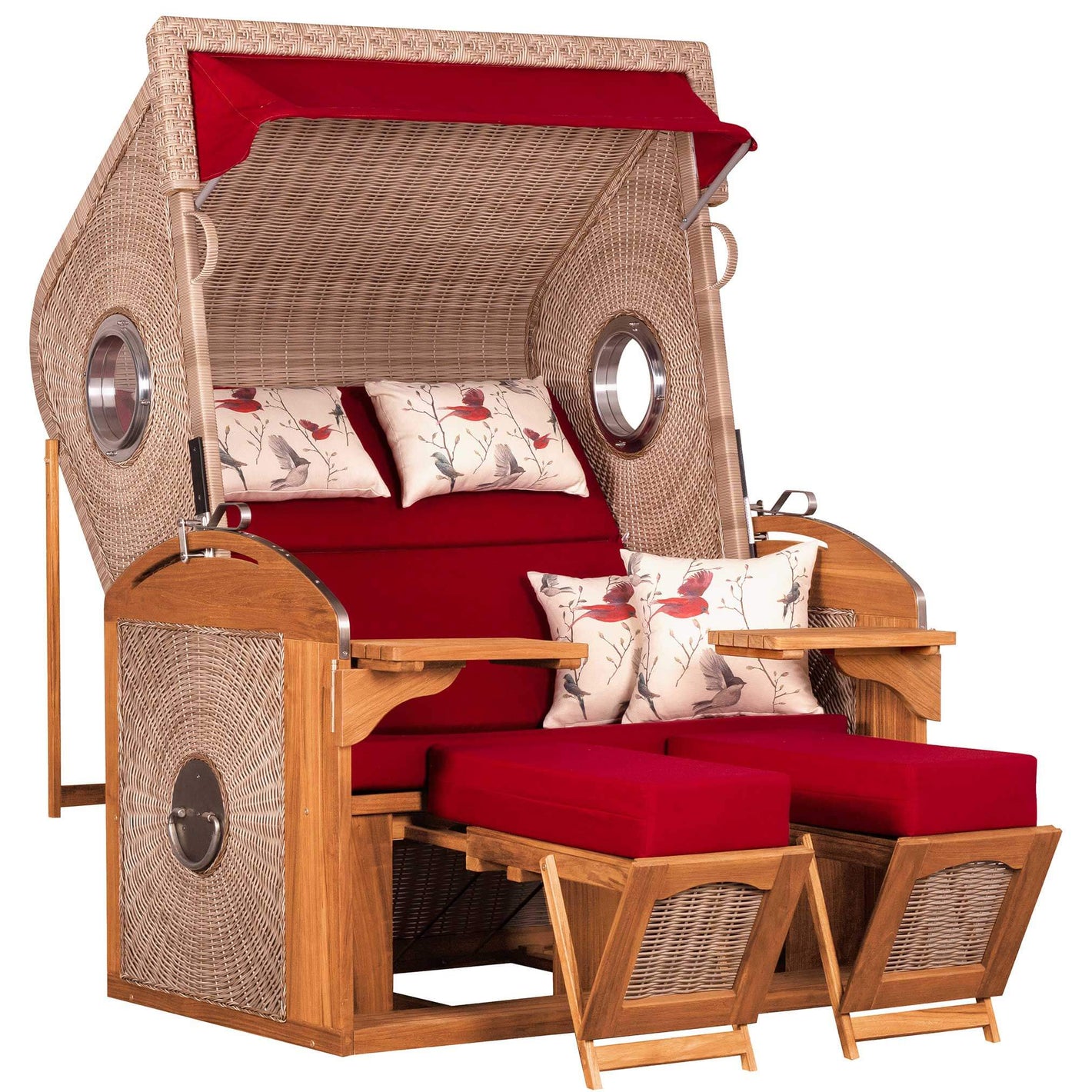 Strandkorb deVries Sailor PURE Teak XL PE white kubu Dessin 107 mit Bullaugen und roten Polstern