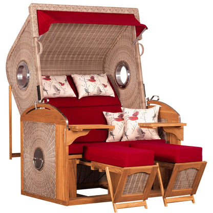 Strandkorb deVries Sailor PURE Teak XL PE white kubu Dessin 107 mit Bullaugen und roten Polstern