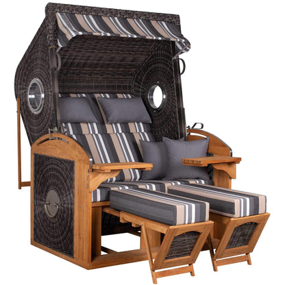 Strandkorb deVries Sailor PURE Teak XL PE stone-grey mit Bullaugen, Dessin 158, Komfort-Liegen und Klapptischen