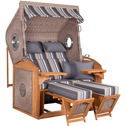 Strandkorb deVries Sailor PURE Teak XL PE white kubu Dessin 158 mit Bullaugen und Streifenpolstern vorneansicht