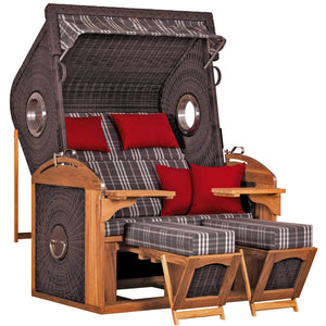 Strandkorb deVries Sailor PURE Teak XL PE stone-grey Dessin 188 mit Bullaugen und roten Kissen
