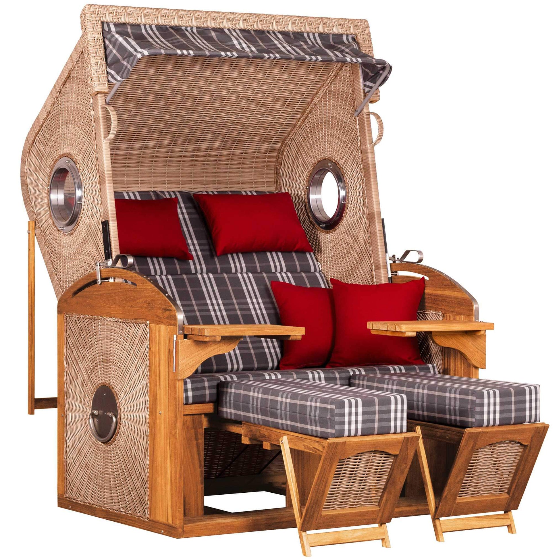 Strandkorb deVries Sailor PURE Teak XL PE white kubu Dessin 188 mit Bullaugen und verstellbaren Fußstützen