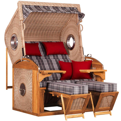 Strandkorb deVries Sailor PURE Teak XL PE white kubu Dessin 188 mit Bullaugen und verstellbaren Fußstützen