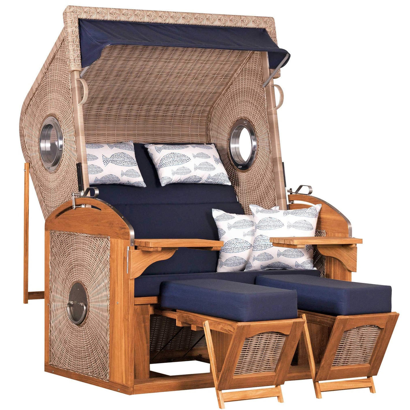 Strandkorb deVries Sailor PURE Teak XL PE white kubu Dessin 197 mit Bullaugen und blauem Polster für Garten und Terrasse