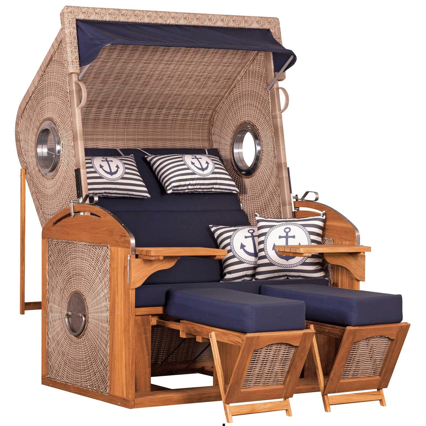 Strandkorb deVries Sailor PURE Teak XL PE white kubu Dessin 198 mit Bullaugen und maritimen Kissen