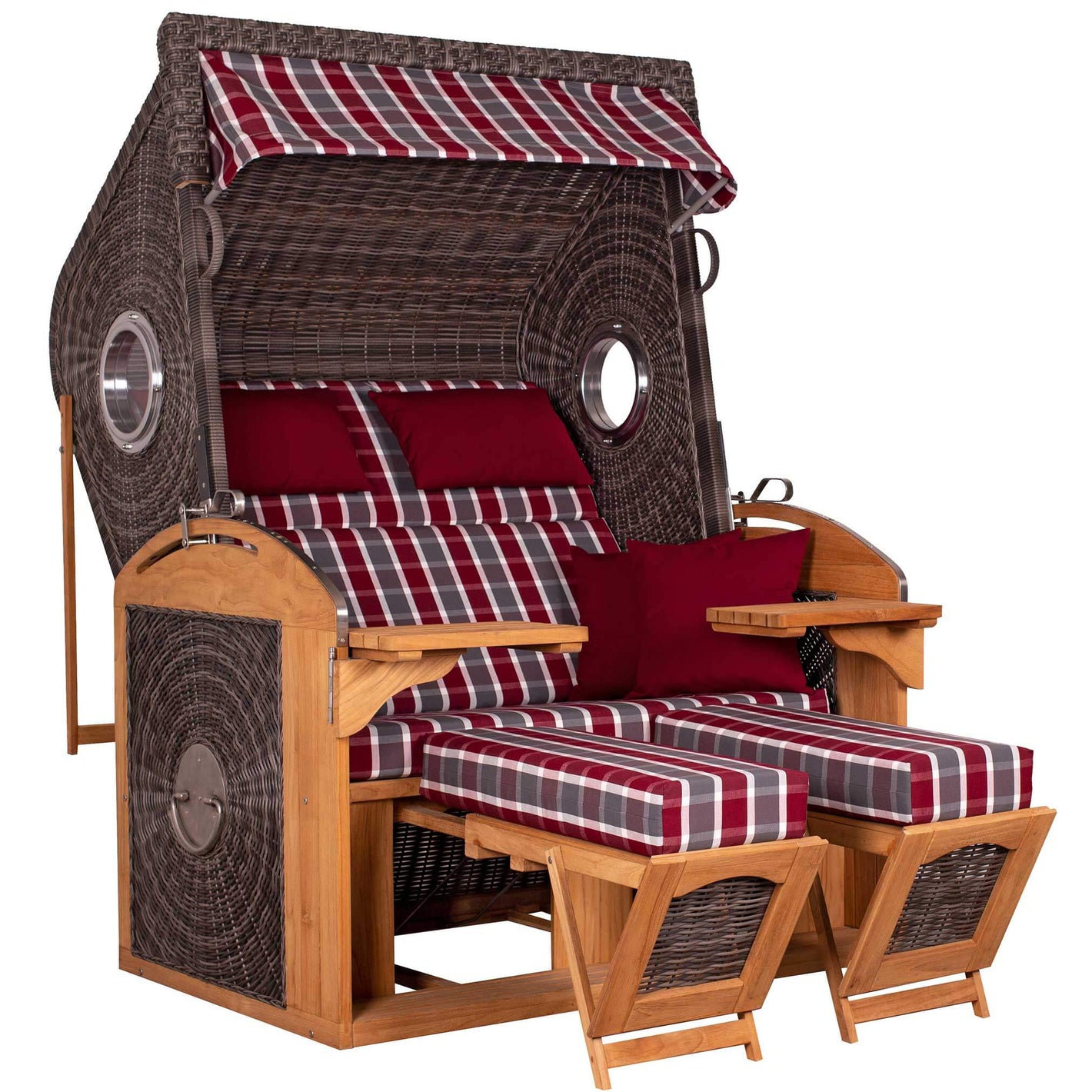 Strandkorb deVries Sailor PURE Teak XL PE stone-grey Dessin 230 mit Bullaugen und rot karierten Polstern