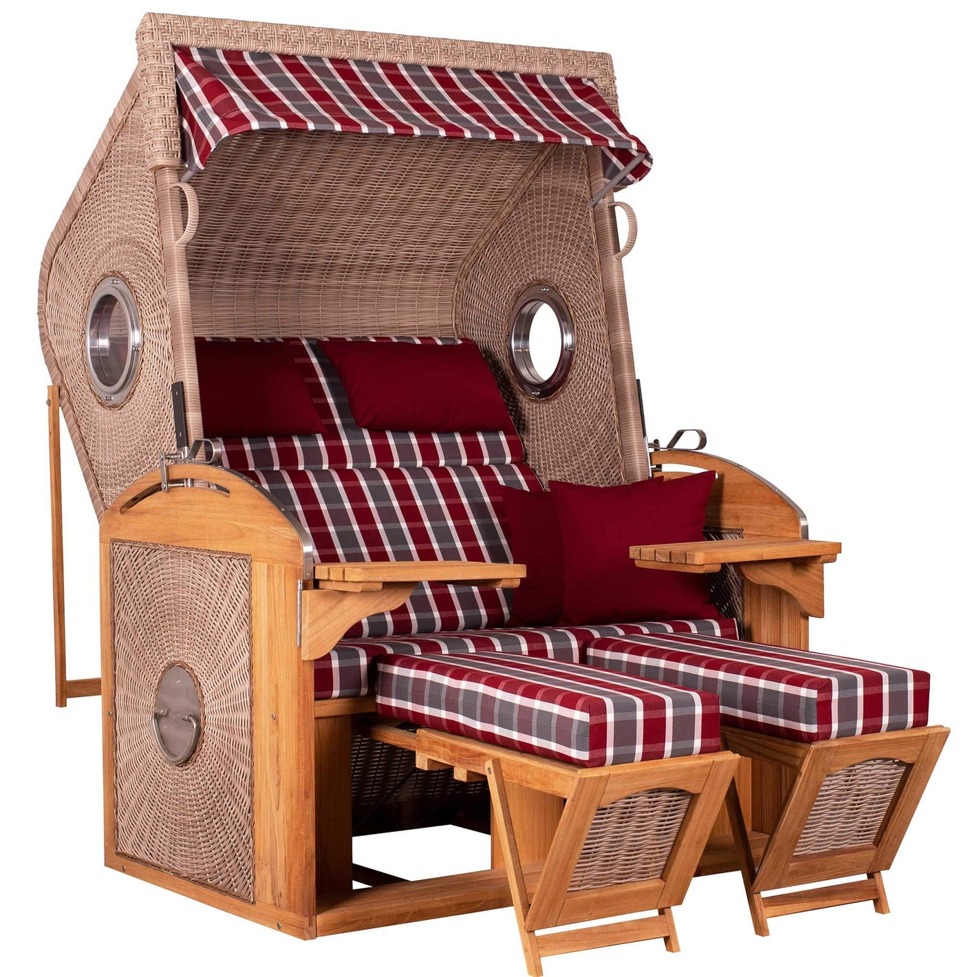 Strandkorb deVries Sailor PURE Teak XL PE white kubu im Dessin 230 mit Bullaugen und rot karierten Polstern