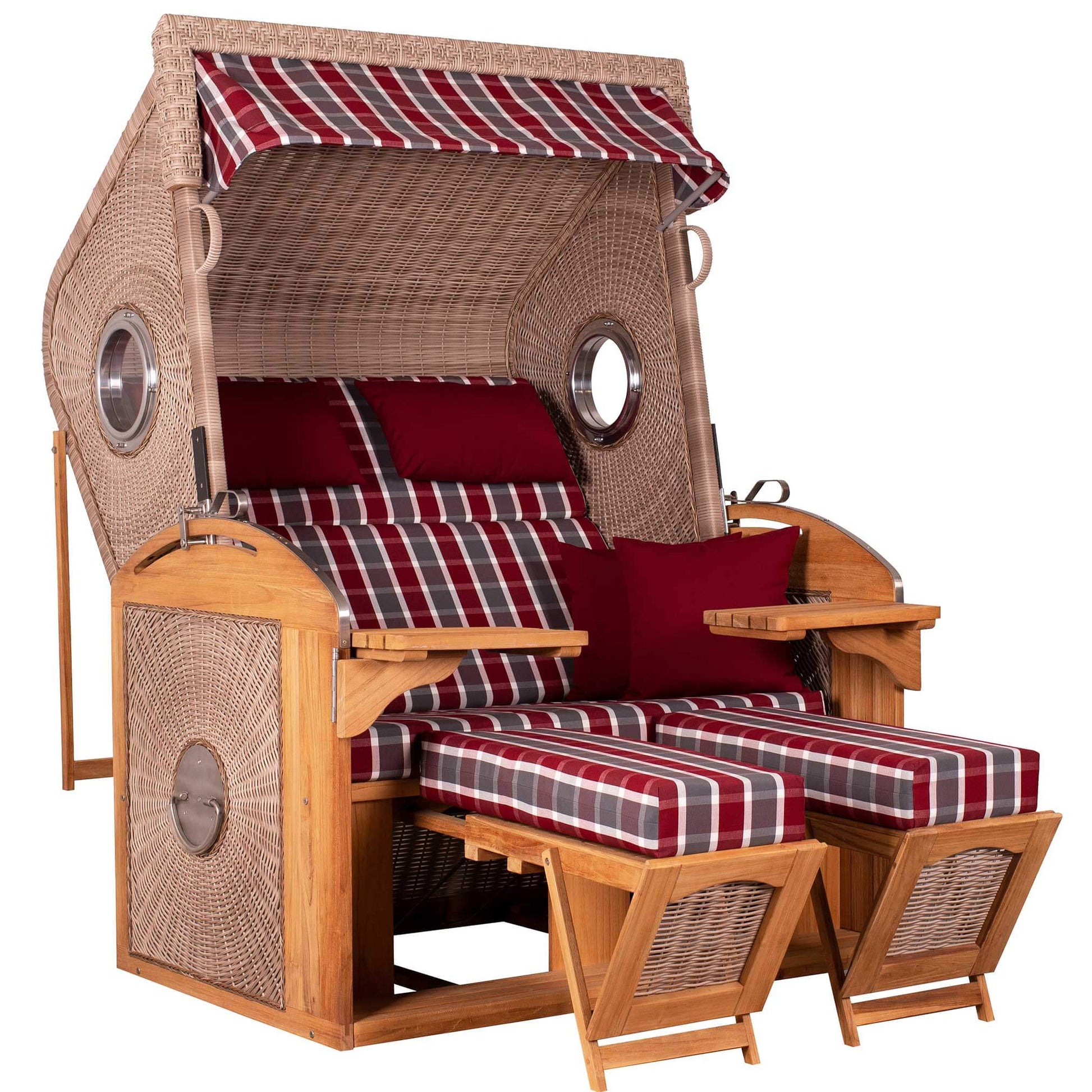 Strandkorb deVries Sailor PURE Teak XL PE white kubu im Dessin 230 mit Bullaugen und rot karierten Polstern