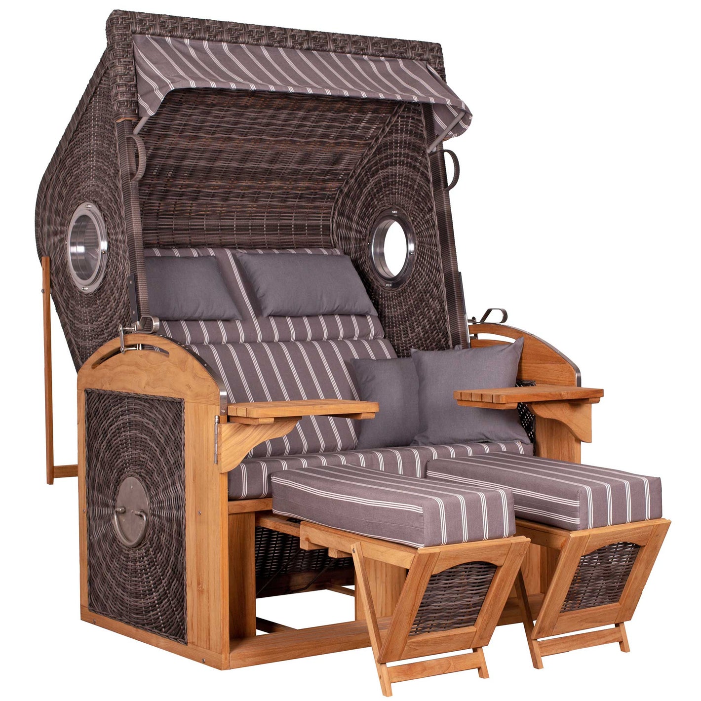 Strandkorb deVries Sailor PURE Teak XL PE stone-grey Dessin 235 mit Bullaugen und Fußstützen, zweisitziger Luxus-Strandkorb